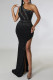 Sexy Patchwork See-through Backless Slit One Shoulder Evening Dress