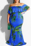 Sexy Print Patchwork Flounce Off the Shoulder One Step Skirt Plus Size Dresses