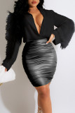 Fashion Casual Solid Patchwork Buckle Feathers Turndown Collar Tops