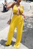 Sexy Casual Solid Bandage Hollowed Out O Neck Regular Jumpsuits