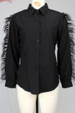 Fashion Casual Solid Patchwork Buckle Feathers Turndown Collar Tops