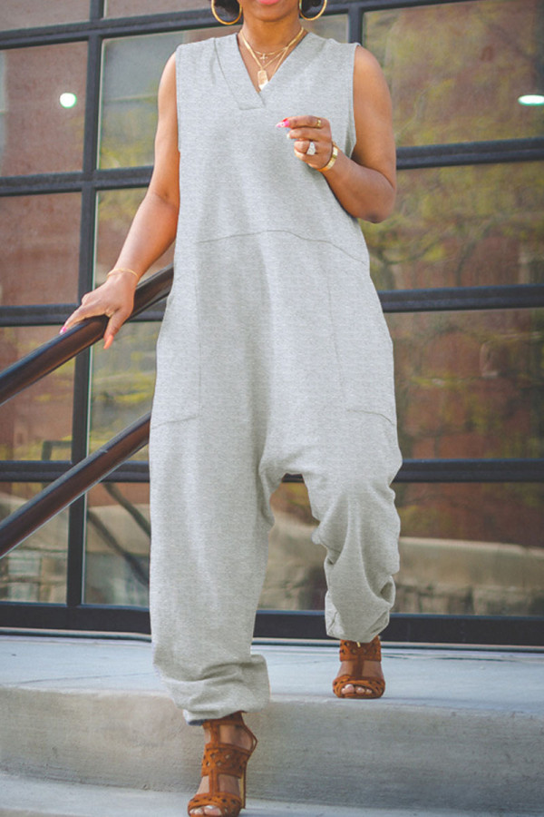 Casual Solid Patchwork V Neck Loose Jumpsuits