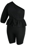 Fashion Casual Solid Backless Oblique Collar Plus Size Two Pieces