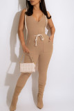 Casual Solid Bandage Patchwork Backless Zipper Hooded Collar Skinny Jumpsuits