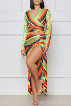 Casual Print Patchwork Slit V Neck Long Sleeve Two Pieces