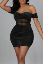 Sexy Solid Patchwork Fold Off the Shoulder Pencil Skirt Dresses