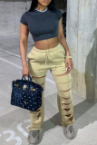 Casual Solid Ripped Loose High Waist Wide Leg Solid Color Bottoms