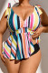 Fashion Casual Striped Print Backless V Neck Plus Size Swimwear Set (With Paddings)