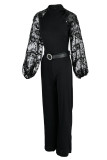 Elegant Solid Patchwork See-through O Neck Straight Jumpsuits(Contain The Belt)