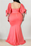 Fashion Sexy Plus Size Solid Backless Slit Square Collar Evening Dress