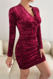 Fashion Sexy Solid Patchwork Fold V Neck Long Sleeve Dresses