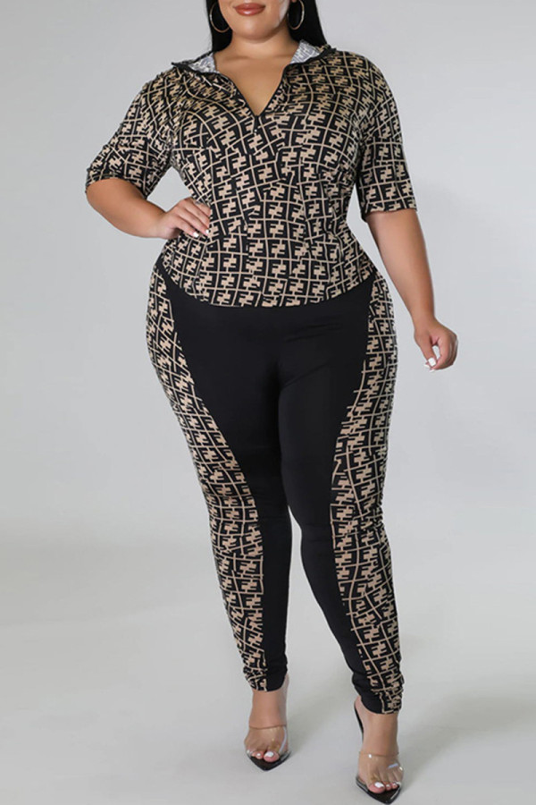 Fashion Casual Print Patchwork Zipper Collar Plus Size Two Pieces