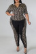 Fashion Casual Print Patchwork Zipper Collar Plus Size Two Pieces
