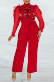 Sexy Solid Patchwork See-through Half A Turtleneck Straight Jumpsuits