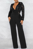 Fashion Casual Patchwork See-through V Neck Regular Jumpsuits