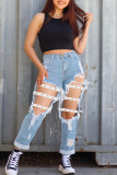 Sexy Street Solid Hollowed Out Make Old Patchwork High Waist Denim Jeans