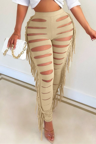 Fashion Casual Solid Tassel Ripped Hollowed Out Skinny High Waist Pencil Trousers