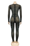 Fashion Sexy Patchwork Hot Drilling See-through V Neck Skinny Jumpsuits