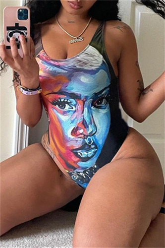 Fashion Sexy Print Patchwork Backless U Neck Skinny Romper