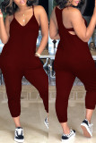 Fashion Sexy Solid Backless V Neck Plus Size Jumpsuits
