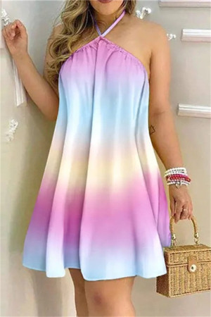 Fashion Casual Print Bandage Backless Halter Sleeveless Dress Dresses
