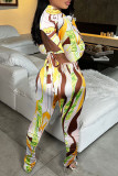 Sexy Print Bandage Patchwork Buckle Backless Asymmetrical Turndown Collar Long Sleeve Two Pieces
