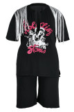 Street Print Tassel Hollowed Out Patchwork V Neck Plus Size Two Pieces