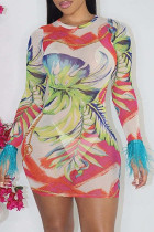 Fashion Sexy Print Tassel Patchwork O Neck Long Sleeve Dresses