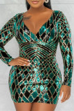 Fashion Sexy Patchwork Sequins V Neck Long Sleeve Dresses