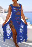 Sexy Solid Tassel Hollowed Out Patchwork Asymmetrical Swimwears Cover Up