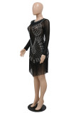 Fashion Sexy Patchwork Hot Drilling Tassel See-through O Neck Long Sleeve Dresses