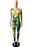 Fashion Casual Print Patchwork O Neck Skinny Jumpsuits
