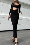 Fashion Sexy Solid Hollowed Out Patchwork Square Collar Long Sleeve Dresses