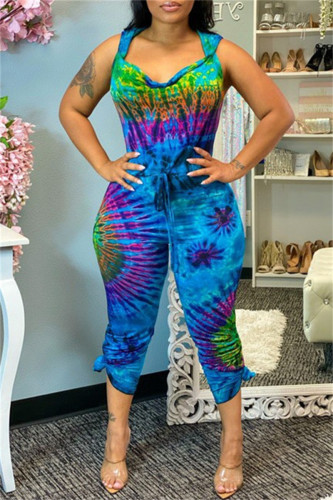 Fashion Sexy Print Tie Dye Backless Hooded Collar Skinny Jumpsuits