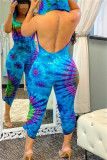 Fashion Sexy Print Tie Dye Backless Hooded Collar Skinny Jumpsuits