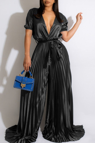 Sexy Solid Patchwork Fold V Neck Straight Jumpsuits
