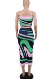 Sexy Print Patchwork Draw String Slit Fold Strapless Sleeveless Two Pieces