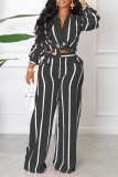 Casual Striped Print Patchwork Turndown Collar Long Sleeve Two Pieces
