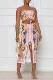 Sexy Print Patchwork Draw String Slit Fold Strapless Sleeveless Two Pieces
