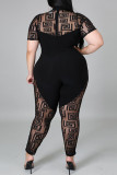 Fashion Casual Patchwork See-through O Neck Plus Size Jumpsuits