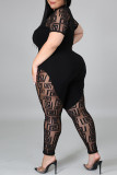Fashion Casual Patchwork See-through O Neck Plus Size Jumpsuits
