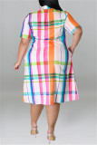Fashion Casual Plus Size Plaid Print Patchwork Turndown Collar Shirt Dress