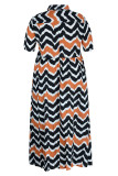 Casual Striped Print Patchwork Buckle Turndown Collar A Line Plus Size Dresses(Without Belt)