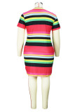 Fashion Casual Striped Print Patchwork O Neck Short Sleeve Dress Plus Size Dresses