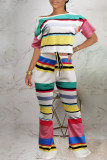 Casual Striped Print Patchwork Oblique Collar Short Sleeve Two Pieces