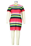 Fashion Casual Striped Print Patchwork O Neck Short Sleeve Dress Plus Size Dresses
