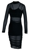 Sexy Solid Patchwork See-through Fold O Neck Long Sleeve Three Pieces