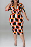 Casual Print Patchwork V Neck One Step Skirt Plus Size Dresses