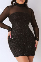 Fashion Sexy Patchwork Sequins See-through Turtleneck Long Sleeve Dresses