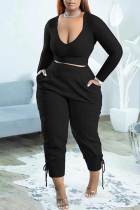Casual Solid Bandage Patchwork V Neck Plus Size Two Pieces